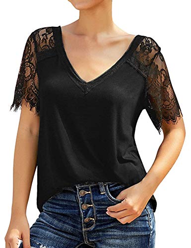 MYMORE Women\'s Black Lace Patchwork Blouse Top Summer V Neck Elegant Short Sleeve T Shirts for Women