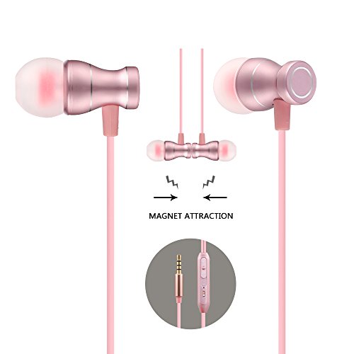 Acode in-Ear Earbuds Earphones Headphones, 3.5mm Metal Housing Magnetic Best Wired Bass Stereo Headset Built-in Mic/Hands-Free/Volume Control+Carrying Case+3 Pair Earbuds (Rose Gold)
