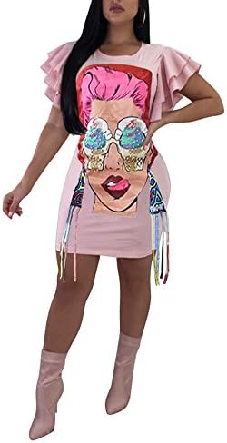 Speedle Womens Crew Neck Short Ruffle Sleeves Shirt Dresses Digital Graffiti Print Club Party Dress