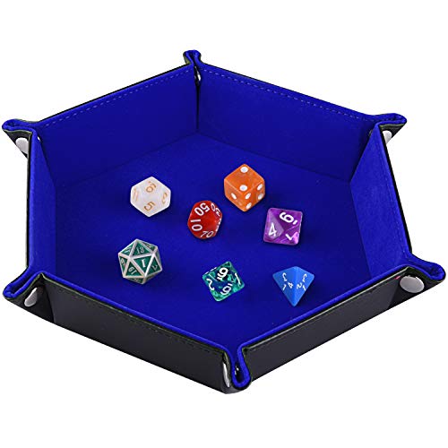 SIQUK Double Sided Dice Tray, Folding Hexagon PU Leather and Dark Blue Velvet Dice Holder for Dungeons and Dragons RPG Dice Gaming D&D and Other Table Games