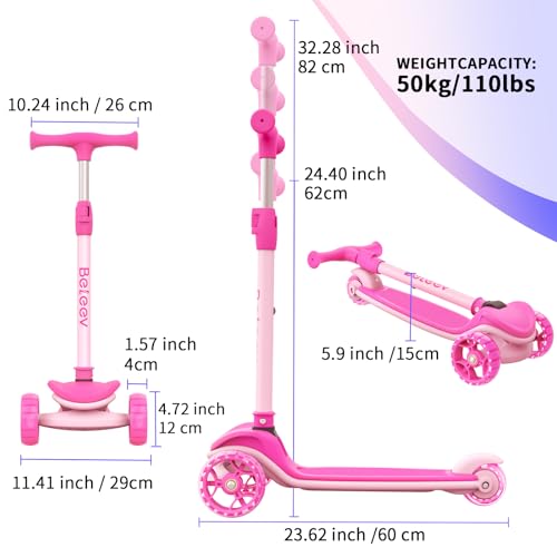 BELEEV A8 Children’s Scooter, 3 to 12 Years Old, Kids’ Folding Scooter with 3 Wheels and LED Lights, 4 Adjustable Heights, Non-Slip Bridge, Scooter for Children and Girls, Childhood Gift