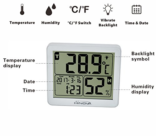 BuySevenSide LCD Display Digital Indoor Thermometer and Humidity Monitor with Vibrate Backlight,Time and Alarm, Black and White (White)