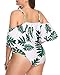 Wavely Plus Size Two Piece Swimsuits for Women Off Shoulder Ruched High Waisted Bikini Swimwear White Leaves XL
