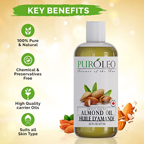 PUROLEO SWEET ALMOND OIL 16 FL OZ/473 ML (PACKED IN CANADA) PURE ALMOND OIL FOR SKIN, HAIR, & BODY | ORGANIC CARRIER OIL & BODY OILS FOR WOMEN | ALMOND BUTTER HAIR OIL, BODY OIL, BABY OIL