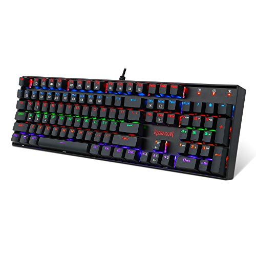 Redragon K551-R Mechanical Gaming Keyboard with Cherry MX Blue Switches Vara 104 Keys Numpad Tactile USB Wired Computer Keyboard Steel Construction for Windows PC Games (Black Rainbow LED Backlit)