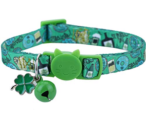BoomBone St Patricks Day Cat Collar with Bell and Shamrocks Charm,Breakaway Small Dog Collar - Thumbnail 4
