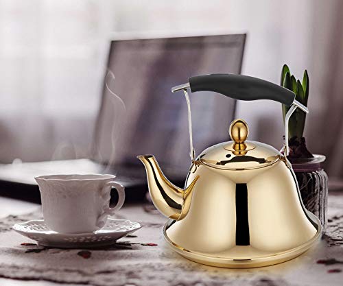 Whistling Tea Kettle with Infuser for Loose Leaf Tea Stainless Steel Modern Whistle Teapot Teakettle Stovetop Induction Gas Stove Top Tea Maker Water Pot Gold 2 Quart/Liter - Thumbnail 3