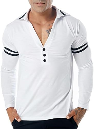 Easytoy Men's Casual Button V Neck Collar Classic Fit Patchwork Long Sleeve Polo T Shirts