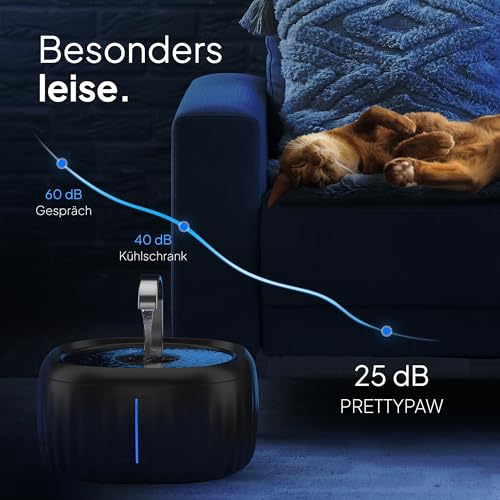 PrettyPaw Cat Fountain - Super Quiet, BPA-Free 3L Drinking Fountain for Cats with LED and Activated Carbon Filter - Easy to Clean Cat Drinking Fountain - Aqua Flow (Black)