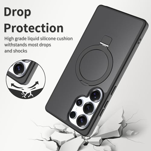 Case for Samsung Galaxy S25 Ultra with Magnetic Stand, Magsafe Case with Rotating Ring, Wireless Charging with Invisible Ring Stand Case Samsung S25 Ultra Protection -Black