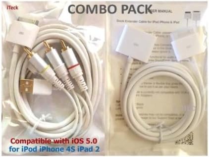 iTeck COMBO of 30 Pin Dock Extender Cable 4ft Long &amp; 5ft Composite Audio Video AV USB Cable for iPhone 3 3GS 4 4S New iPad 2 iPod iTouch - Watch Video Picture Photo Slide Show on TV - TOTAL LENGTH 9ft - Multifunctional Value Pack - iOS 5.0 &amp; Later
