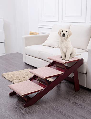 PAWLAND 2-in-1 Portable Folding Pet Stairs for Dogs, Cats, high beds, Wood Pet Safety Beside Dog Ramp,Dog Steps, Easy Climb Pet Step Stool (Mahogany)