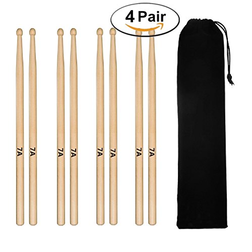 ONEST Classic 7A Wood Drum Sticks Drumsticks Wood Tip Drumstick Student Drum Sticks (4 Pair Maple)
