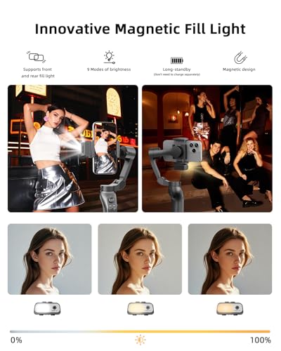 KOSCHEAL Estabilizador para Celular 3 Ejes Módulo Magnético IA con Luz | Módulo con carga magnética del gimbal. Incluye trípode, gestos, 4 modos, batería hasta 6h. iOS/Android. Vlogs/TikTok