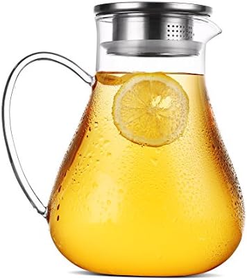 Sprouts Glass Pitcher with Stainless Steel Lid and Spout 66 Oz/ 1.9 Liter Water Carafe with Handle,Perfect Elegant Beverage Pitcher for Homemade Juice &amp;Milk Shake&amp;Tea no-lead ZHM#53