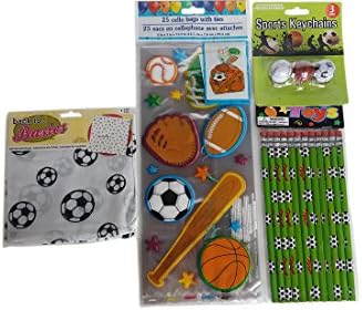 Sports Themed (4) Item Goodie - Bag Bundle Pack includes (12) Soccer Pencils (1) Soccer Bandana (1) 3 Pack of Sports Keychains and (25) Treat Bags with Twist Ties