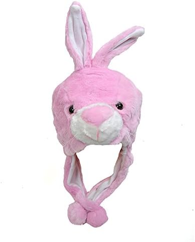 Furry Pink Winter Bunny Hat with Flaps and Poms