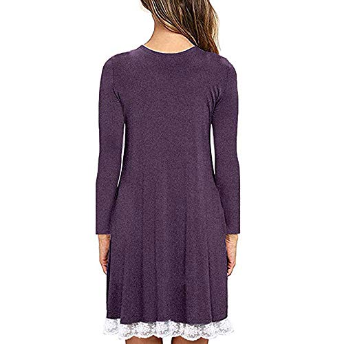 Toponly Women's Long Sleeve Pleated Loose Swing Casual Dress with Pockets Knee Length Purple