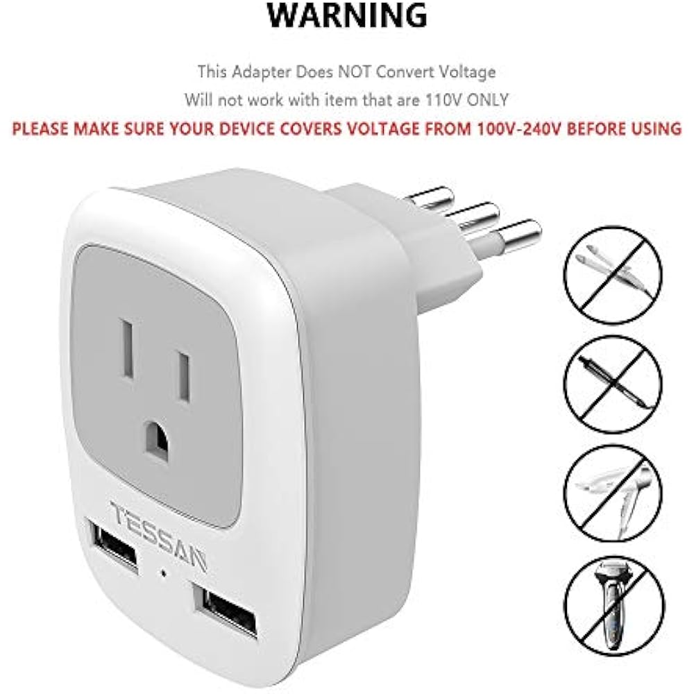 Italy Travel Plug Adapter 2 Pack, 3 In 1 Grounded International Power
