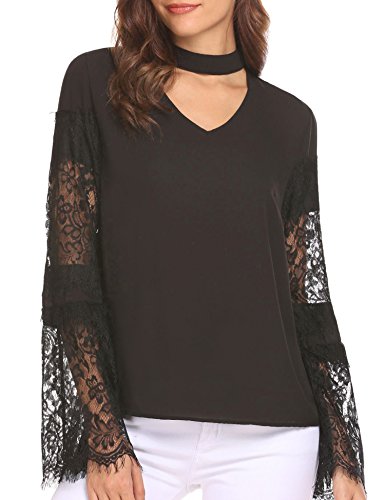 Unibelle Women Sexy Choker V Neck Chiffon Lace Patchwork Bell Sleeve Blouse Top Shirts
