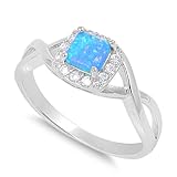 Sterling Silver Twisted Created Blue Opal & Simulated Diamond Ring (Size 4 - 11)