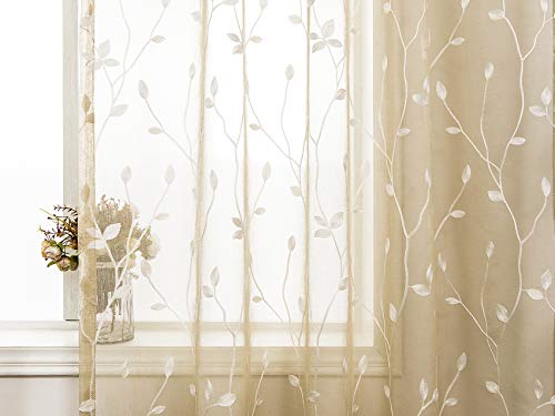 AmHoo Floral Leaf Embroidery Semi Sheer Curtain Rod Pocket Voile Sheer Curtains Set of 2 for Living Bedroom Window Treatment (Linen, 53 x 63) - Thumbnail 7