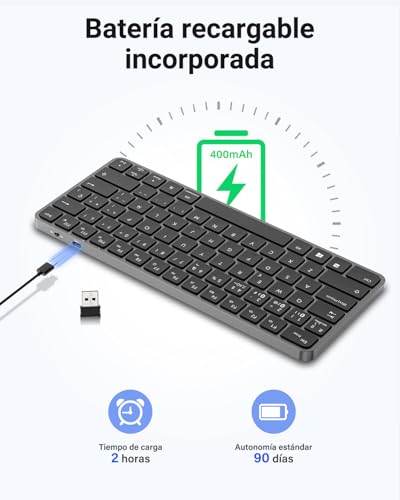 EASYTAO Teclado Inalambrico, Bluetooth & 2.4G, Cambio de 4 Dispositivos, Teclado Inalámbrico Recargable USB-C, Español con Ñ, Ultradelgado/Silencioso/Portátil, Windows, macOS, iPadOS, Android(Negro)