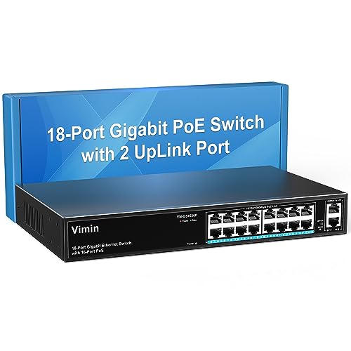 VIMIN 16 Ports Gigabit PoE Switch with 2 Gigabit Uplink Ports, 18 Ports Unmanaged PoE Ethernet Switch with 250W Power, Support for IEEE802.3af/at, VLAN, Metal Enclosure