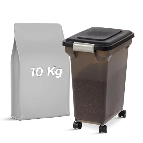 IRIS USA 22 libras / 28 qt WeatherPro contenedor hermético para alimentos de mascotas con ruedas, para perros, gatos, aves, mantiene fresco, fácil movilidad, sin BPA, color humo