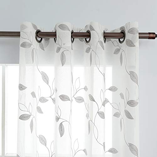 Haperlare Sheer Curtains, Room Decorative Voile Grommet Sheer Curtain Panels Floral Embroidered Semi Sheer Window Drapes for Bedroom, 52 x 95 Inch, 2 Panels, Gray Embroidery