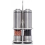 Mangol Electric Salt &amp; Pepper Grinder Shaker Mill Set With Stand | Battery Operated | Adjustable Ceramic Coarseness Durable Stainless Steel Mills With Clear Window | For Himalayan &amp; Sea Salt (2 pack)