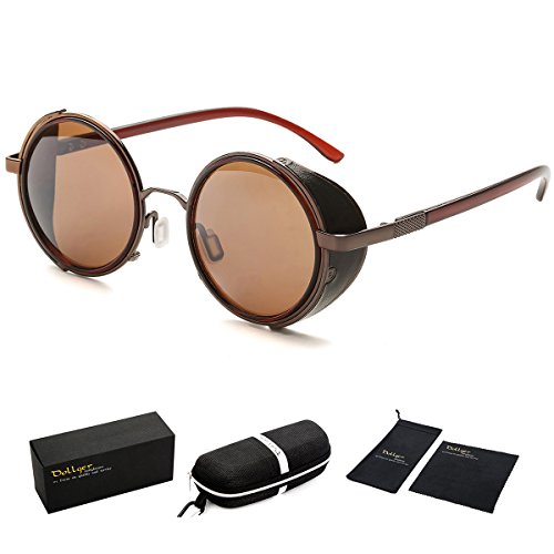 Dollger Steampunk Vintage Retro Sunglasses Metal Circle Frame (Brown Lens+Brown Frame, 100% UV Protection Lens)