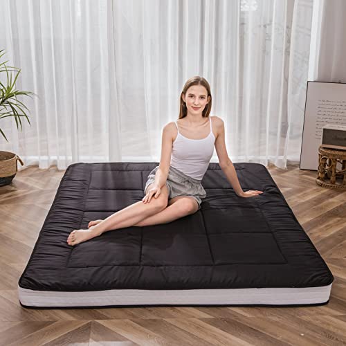 MAXYOYO Japanese Futon Mattress Floor Padded Quilted Mattress Topper, Extra Thick Sleeping Pad Foldable Breathable Floor Lounger Guest Bed for Camping Sofa (Black, King)
