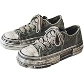 Vintage Style Street-Inspired Men's Canvas Skate Shoes - Distressed Solid Color Lace-Up Low Top Sneakers for Casual, Daily Wear - All-season Fabric Lined Rubber Sole Skateboarding Shoes with Round Toe