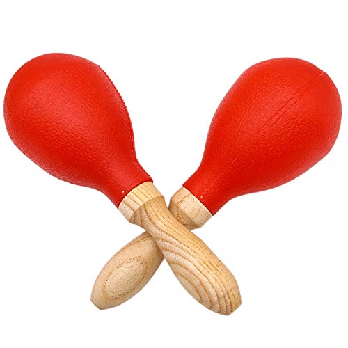 AQUEENLY Plastic Maracas Shakers, Sand Hammer Rattles with Wooden Handles for Percussion, Music Performances - Percussion Instrument (2 Pcs, Red)