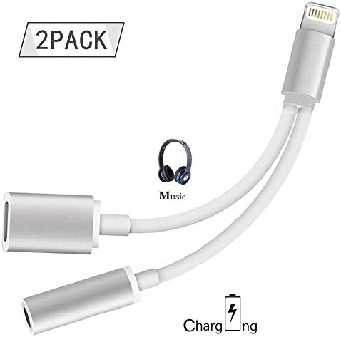 2 in 1 Lightning Adapter for iPhone 7, QXPLAZA 2 Pack iPhone Splitter, 2-Port Lightning Headphone Audio and Charge Adapter for iPhone 7/7 Plus and more (Silver)