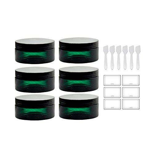 Green PET Plastic (BPA Free) Refillable Low Profile Jar - 8 oz (6 Pack) + Spatulas and Labels