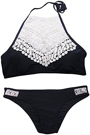 April9 Bohemian Beach Lace 2PCS Bikini Swimsuit Set(Black, XL)
