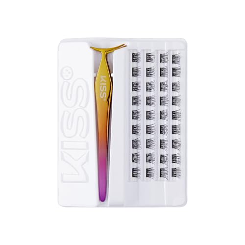 KISS imPRESS Falsies Press On Self Adhesive Eyelashes, 12mm-14mm Natural Volume Press On Lashes, Black, No Glue Needed, Invisible Band, 20 Lash Clusters & Non-Stick Applicator - Natural