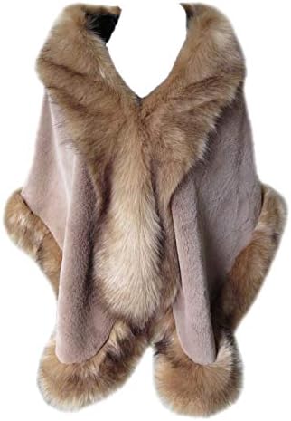 Women's Faux Rex Rabbit Fur Cape Poncho with Faux Fox Fur Trim Shawl Coat Wedding Party