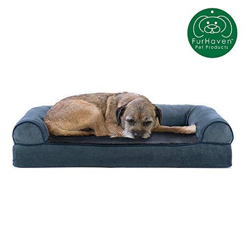 Furhaven Pet Dog Bed | Cooling Gel Memory Foam Faux Fleece & Chenille Soft Woven Traditional Sofa-Style Living Room Couch Pet Bed w/ Removable Cover for Dogs & Cats, Orion Blue, Medium