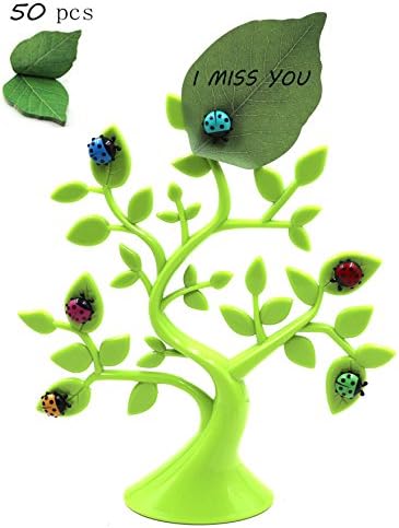 Ladybug Magnet Tabletop Memo Clip Holder with Lucky Funny Tree Holder and 50 pcs Green Leaves Post-it Sticky Notes