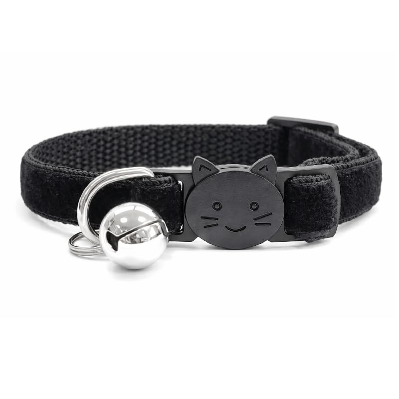 Velvet Cat Collars with Bell | Quick Safety Release Breakaway Buckle | Handmade in the UK | Available in Cat & Kitten Size | Black Velvet — image 1