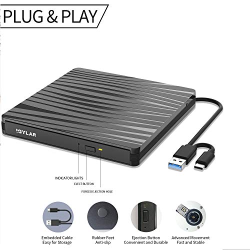 External CD DVD Drive, USB 3.0 & Type C External DVD CD Drive, Plug & Play Burner High Speed Data Transfer DVD Player for Laptop Notebook PC Desktops Support Windows/Vista/7/8.1/10, Mac OSX & Linux OS