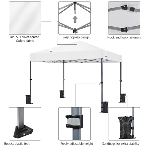 Yaheetech 10x10 1-Person Setup Pop Up Canopy Tent, Instant Portable Commercial Canopy Tent, Outdoor Gazebo with 1-Button Push, Wheeled Bag & 4 Sandbags for Home, Party & Outdoor Activities, White