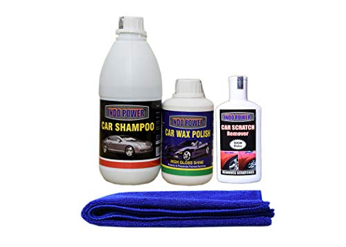 INDOPOWER KG820-CAR Shampoo 500ml+ CAR Wax Polish 250ml+ Scratch Remover 200gm car Microfiber Cloth Blue.