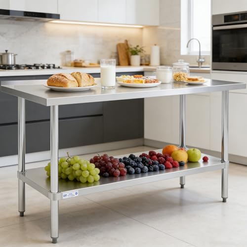 Hally Stainless Steel Work Table with Backsplash Prep Table Commercial Kitchen Table Heavy Duty Workstation, 24 x 60 Inch Food Prep Station with Adjustable Shelf for Home Garage Restaurant