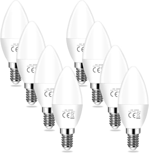 Lampadine LED E14, Lampadina E14 Luce Calda 3000K 5W (Equivalenti A 40w) 400LM 3000K 220-240V, Angolo A Fascio 220 °, Non Dimmerabile, Per Soggiorni, Corridoi, Camere Da Letto,8 Pezzi (Luce Calda)