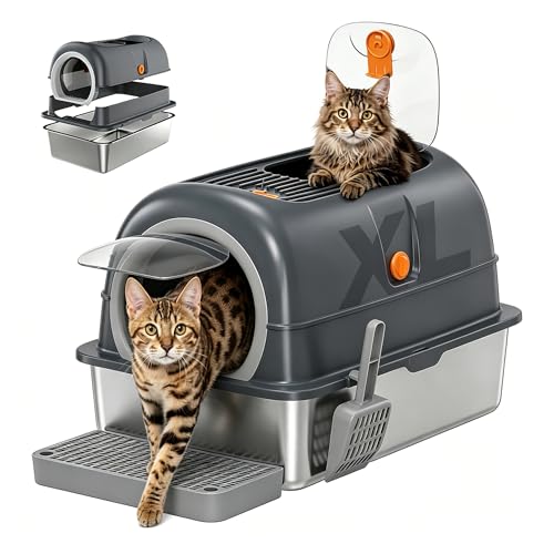 HealSmart Stainless Steel Litter Box with Lid, Extra Large Enclosed Cat Litter…