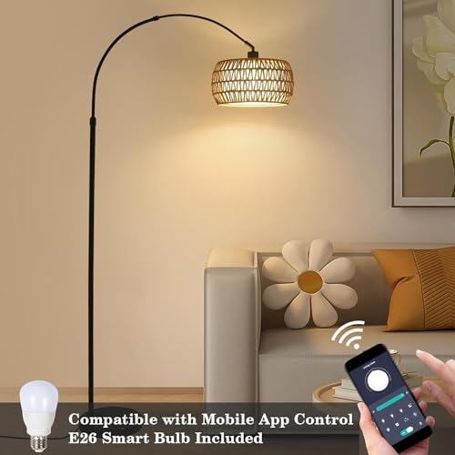 Homodoskey Arc Floor Lamp for Living Room with 3 Color Temperatures,Floor Lamps with Remote & Dimmable Bulb, Boho Standing Lamp with Rattan & Fabric Shade, Adjustable Tall Lamp for Bedroom, Office (A)